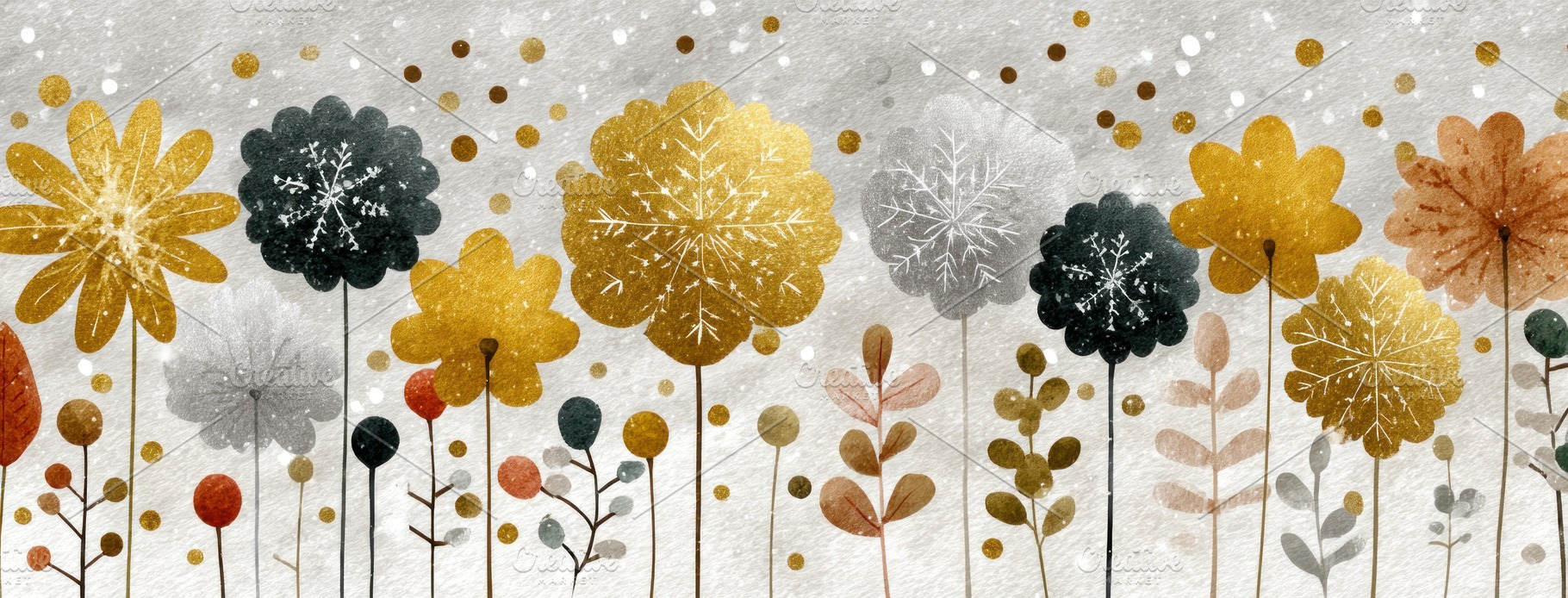 Whimsical floral winter illustration with golden, black, and ora, a Holiday Photo by José Manuel Gelpi