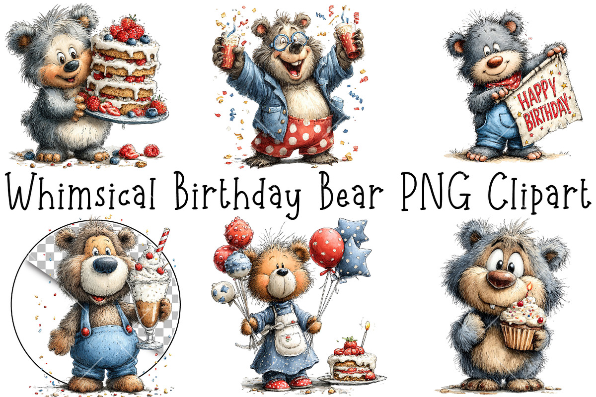Whimsical Birthday Bear PNG Clipart, an Illustration by OK Design (Photo 3 of 6)
