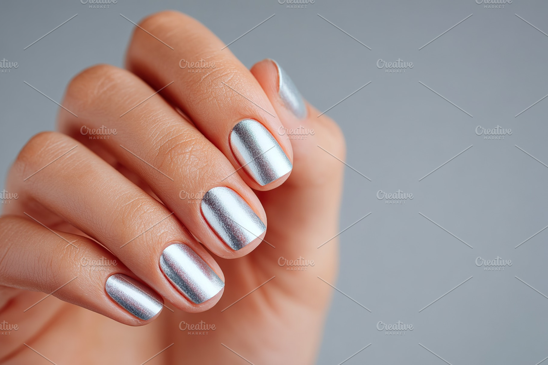 Close-up view of a female hand showcasing silver metallic nail polish with a so, a Photo by AlyaAnd