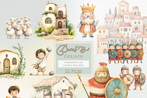 David and Goliath watercolor clipart, an Education Illustration by Invite to Clipart