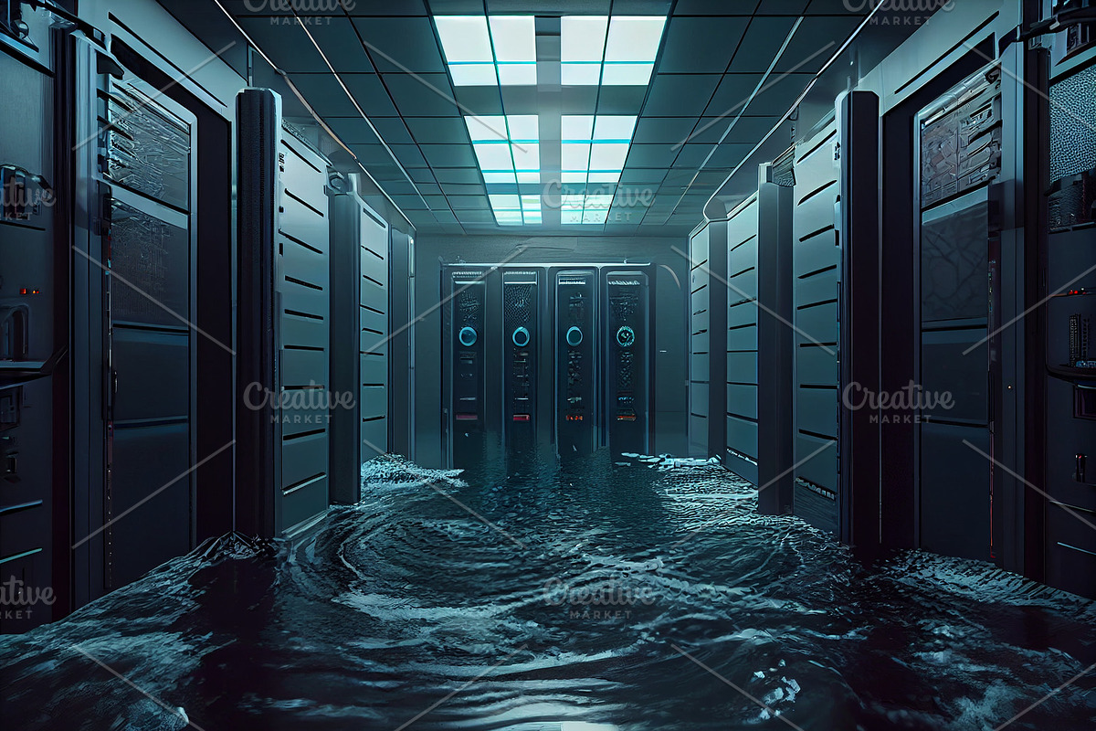 flooded server room, a Technology Illustration by Olyryk & Aglo