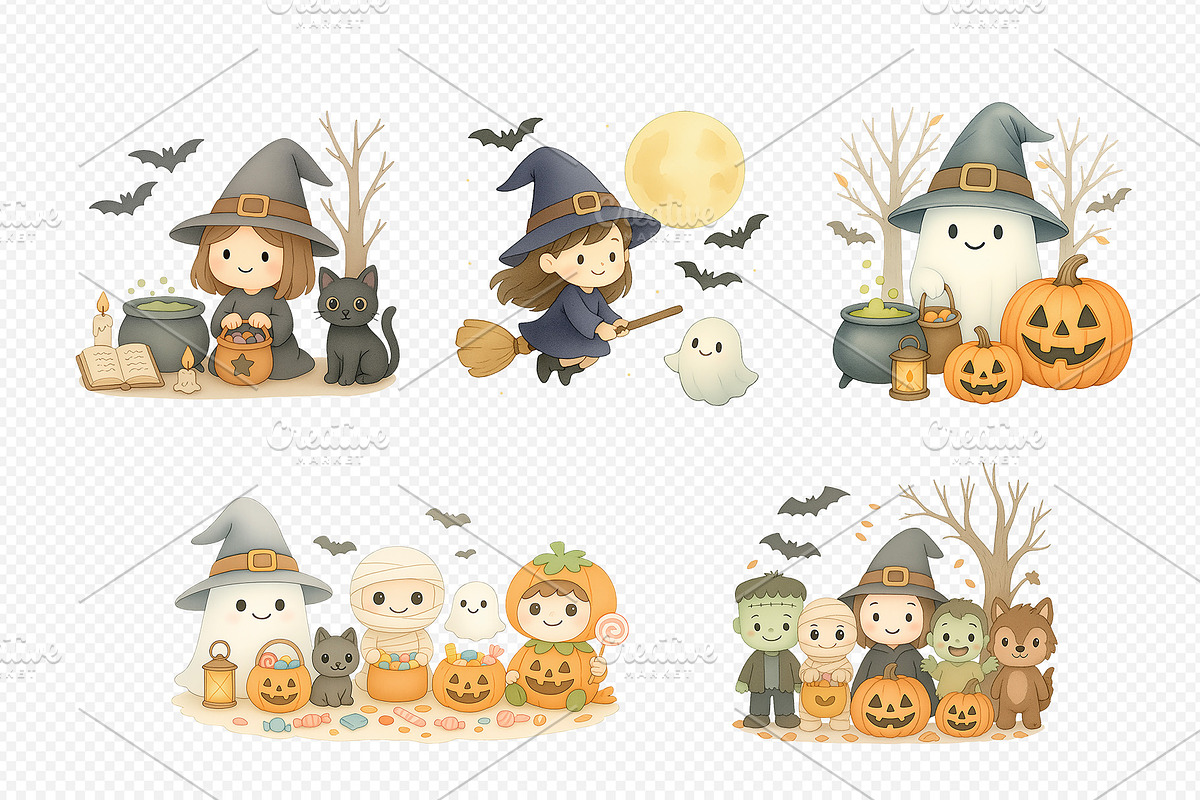 Cute Halloween Clipart PNG Set., a Decorative Illustration by kaisorn (Photo 2 of 9)