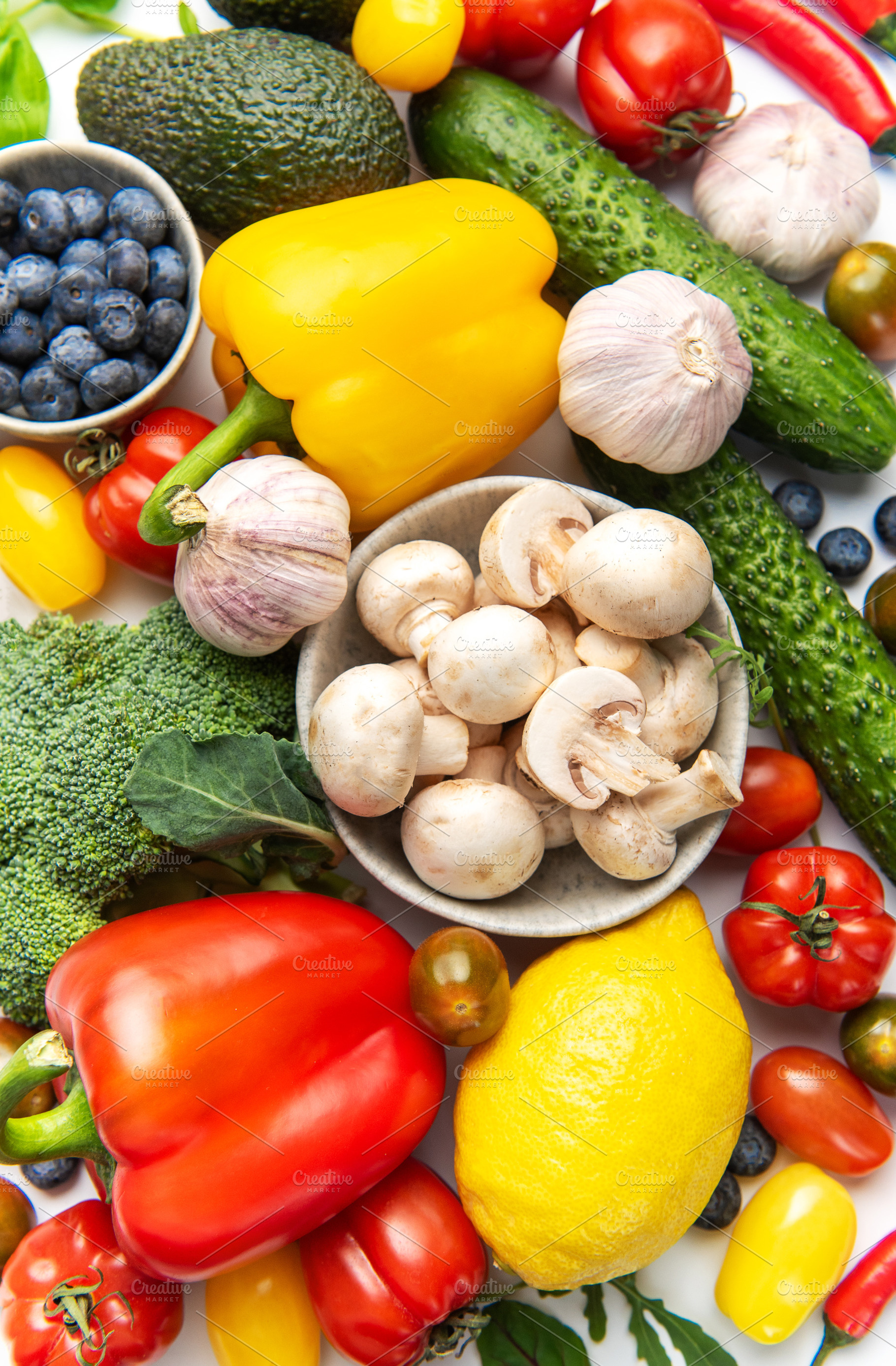 Colorful healthy food variety with fresh fruits and vegetables, a Food & Drink Photo by Olena Rudo