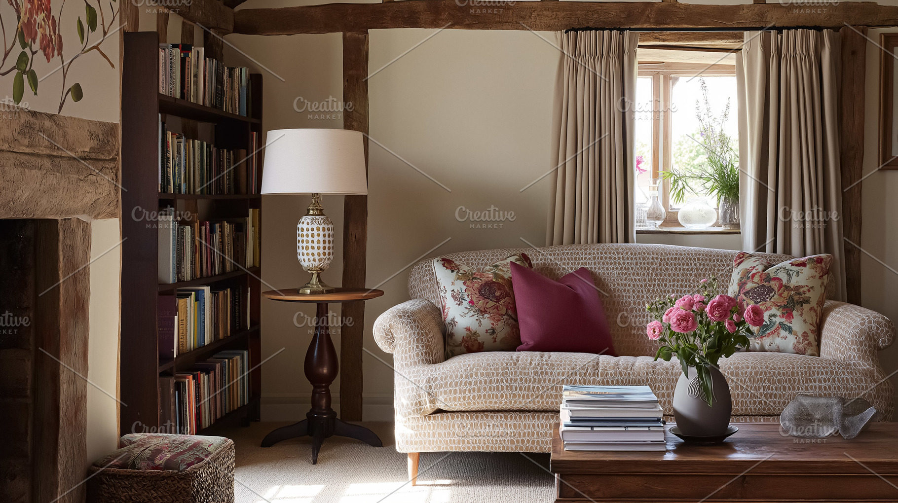 Cozy English country living room decorated with floral patterns, wooden beams,, an Architecture Photo by Studio ANNA