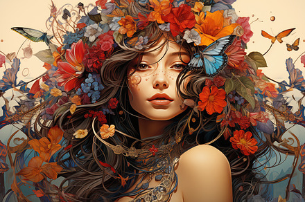A beautiful bohemian woman adorned with a vibrant floral crown, surrounded by c, a Beauty & Fashion Photo by Textures & Backgrounds