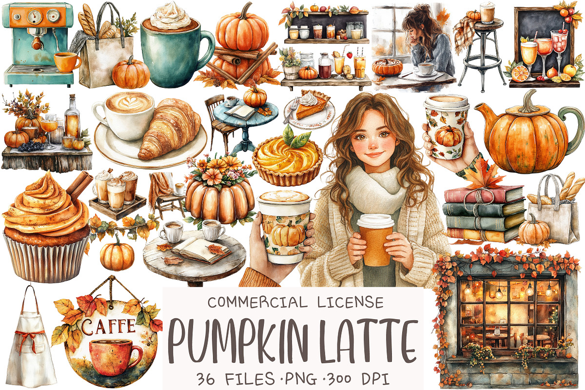 Watercolor Pumpkin Latte Clipart, an Illustration by OK Design (Photo 1 of 5)