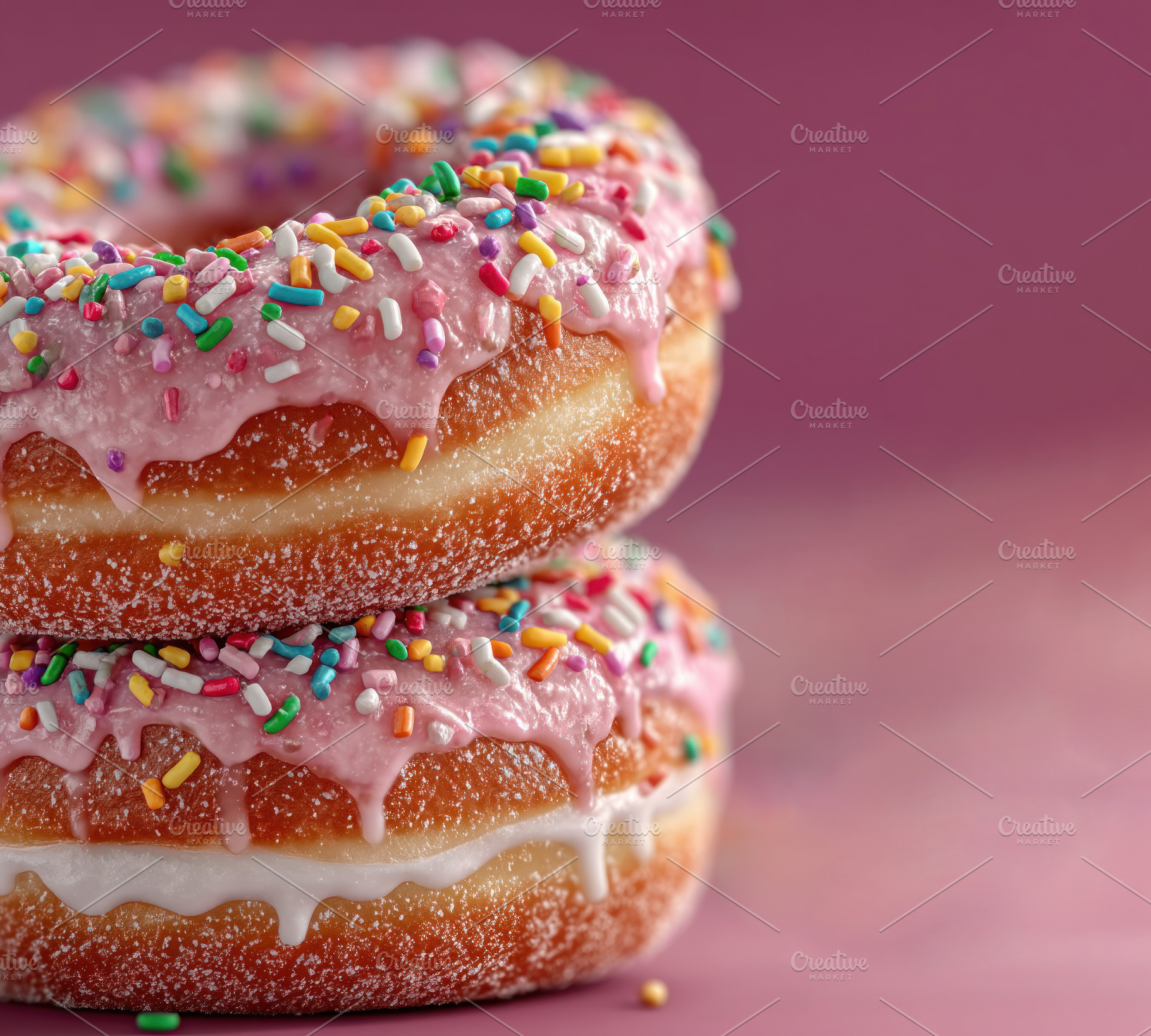 Stacked Pink Glazed Donuts with Colorful Sprinkles and Cream Fil, a Food & Drink Photo by José Manuel Gelpi