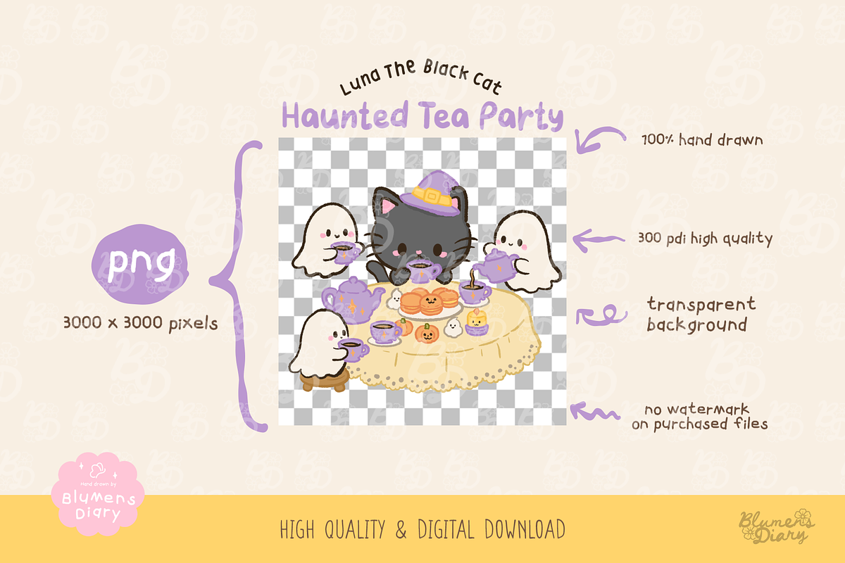 Haunted Tea Party Black Cat Clipart, a Seasonal Illustration by Blumensdiary (Photo 3 of 6)