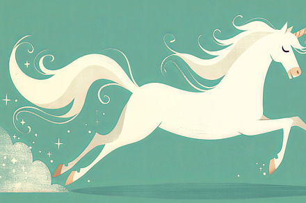 Graceful white unicorn prancing in a magical whimsical pastel fantasy scene, an Illustration by AS photostudio