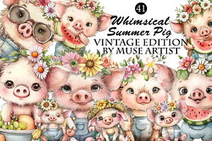 Whimsical Summer Pig Clipart, an Illustration by DreamArtGraphic