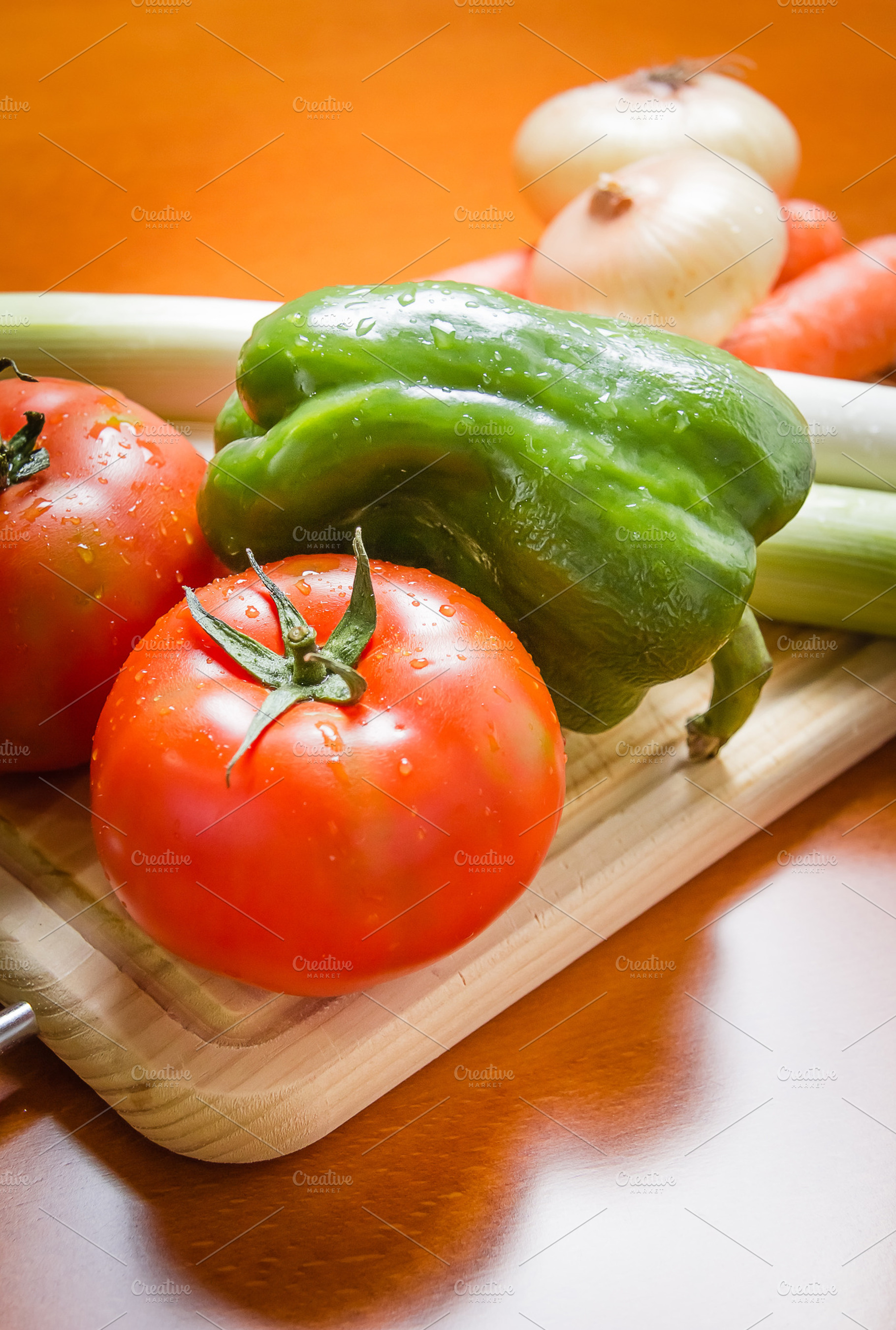 Fresh vegetables on cutting board stock photo containing food and healthy