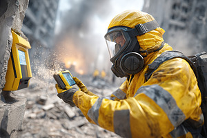 Rescue worker uses device in hazardous environment after destructive event near, a Person Photo by AlyaAnd