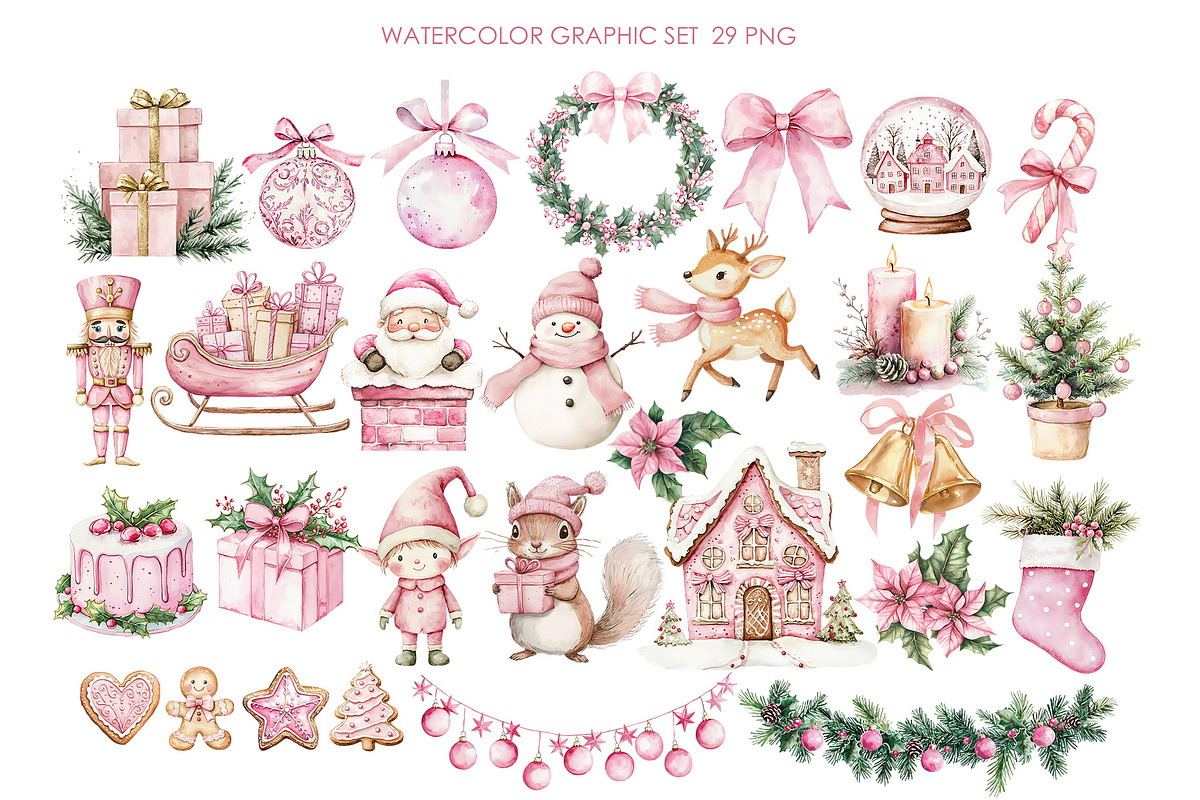 Pink Christmas watercolor clipart., a Graphic by AquarelleSpace (Photo 2 of 4)
