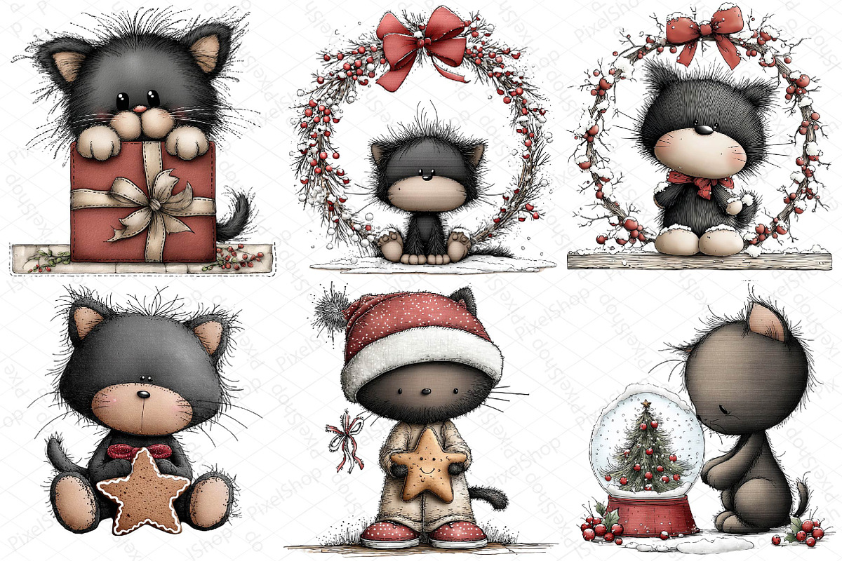 Whimsical Christmas Black Cat Clipar, an Illustration by DreamPrint404 (Photo 3 of 6)
