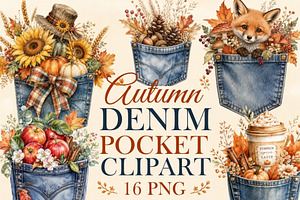 Autumn Denim Pocket Clipart Bundle, a Seasonal Illustration by Tanya Kart