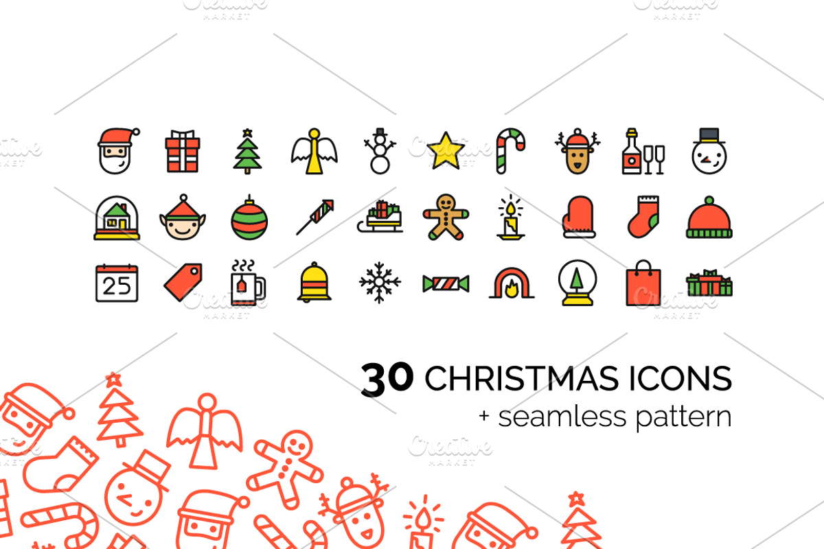 30 Сhristmas Icons + Pattern, an Outline Icon by chewkotski (Photo 1 of 5)