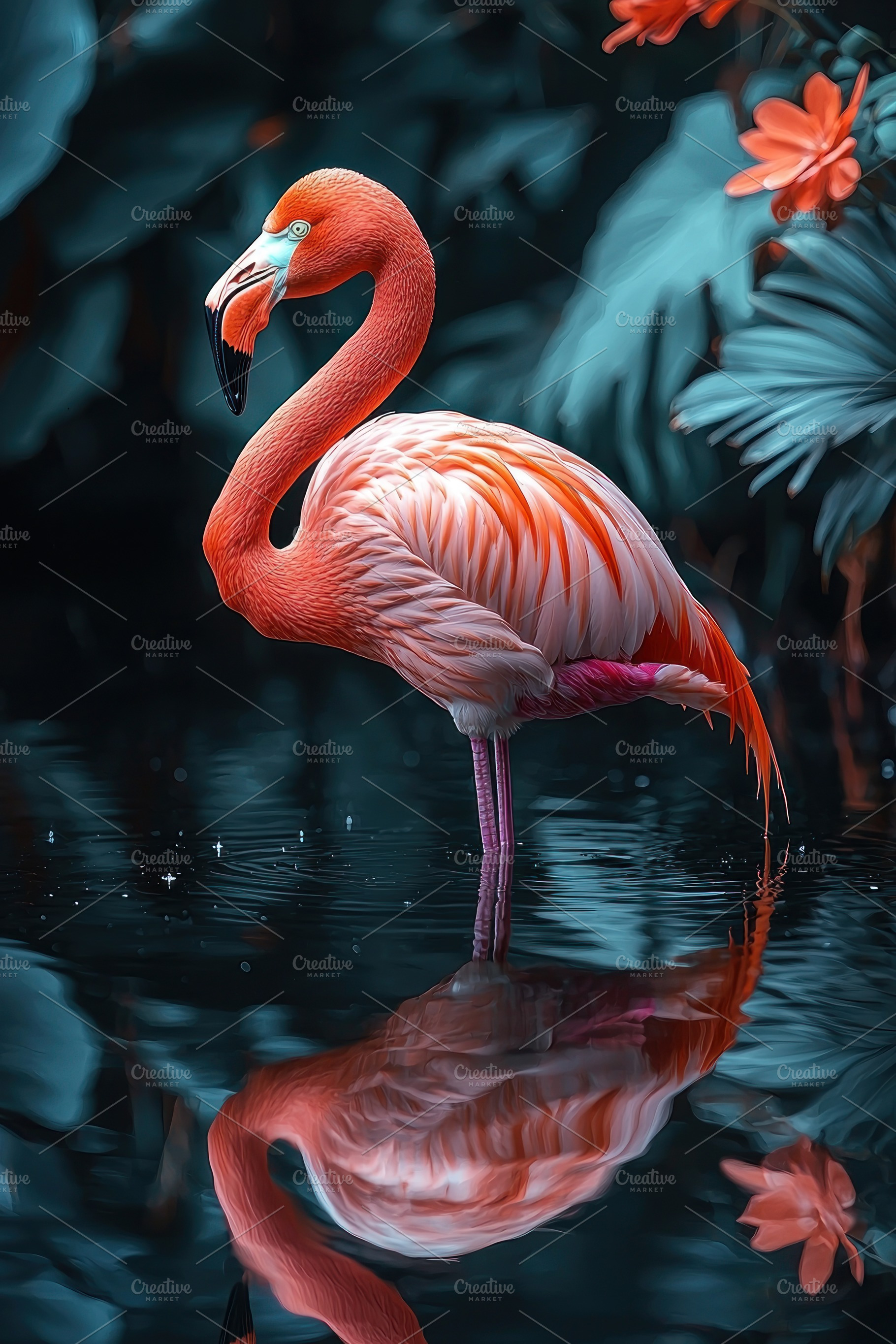 Vibrant pink flamingo standing in reflective tropical water with, an Animal Photo by José Manuel Gelpi