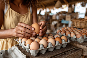 Woman placing brown eggs in carton f, a Photo by Pixeness Studio