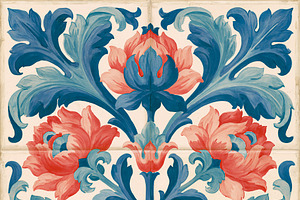 Hand painted floral pattern tiles creating a vintage red and blue ornamental de, an Illustration by Studio ANNA