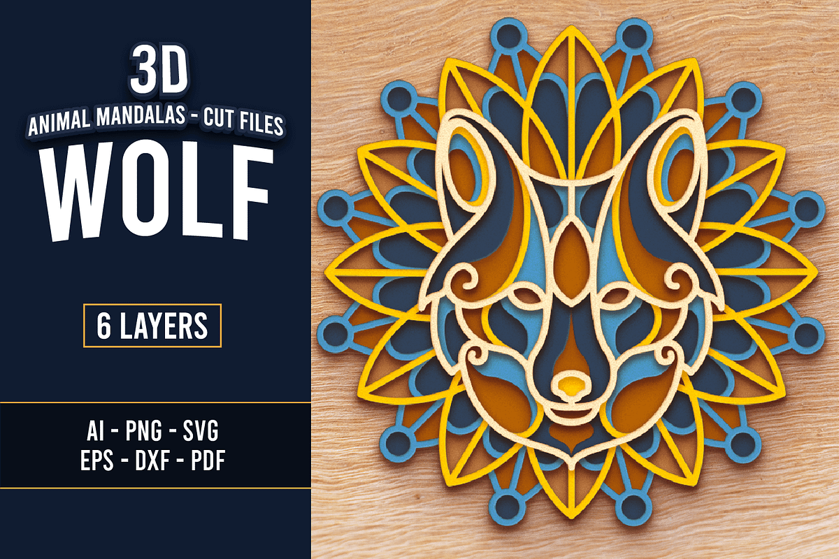Wolf 3D Mandala - SVG Laser cut file, an Object Graphic by Arshad Ali (Photo 1 of 9)