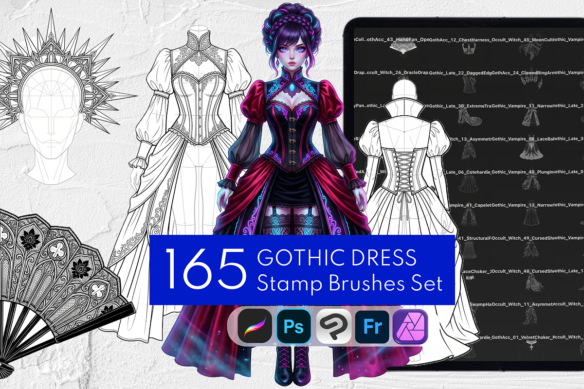 Gothic Dress Stamp Brushes Set, a Brush Add-On by Selentaori Studio (Photo 1 of 12)