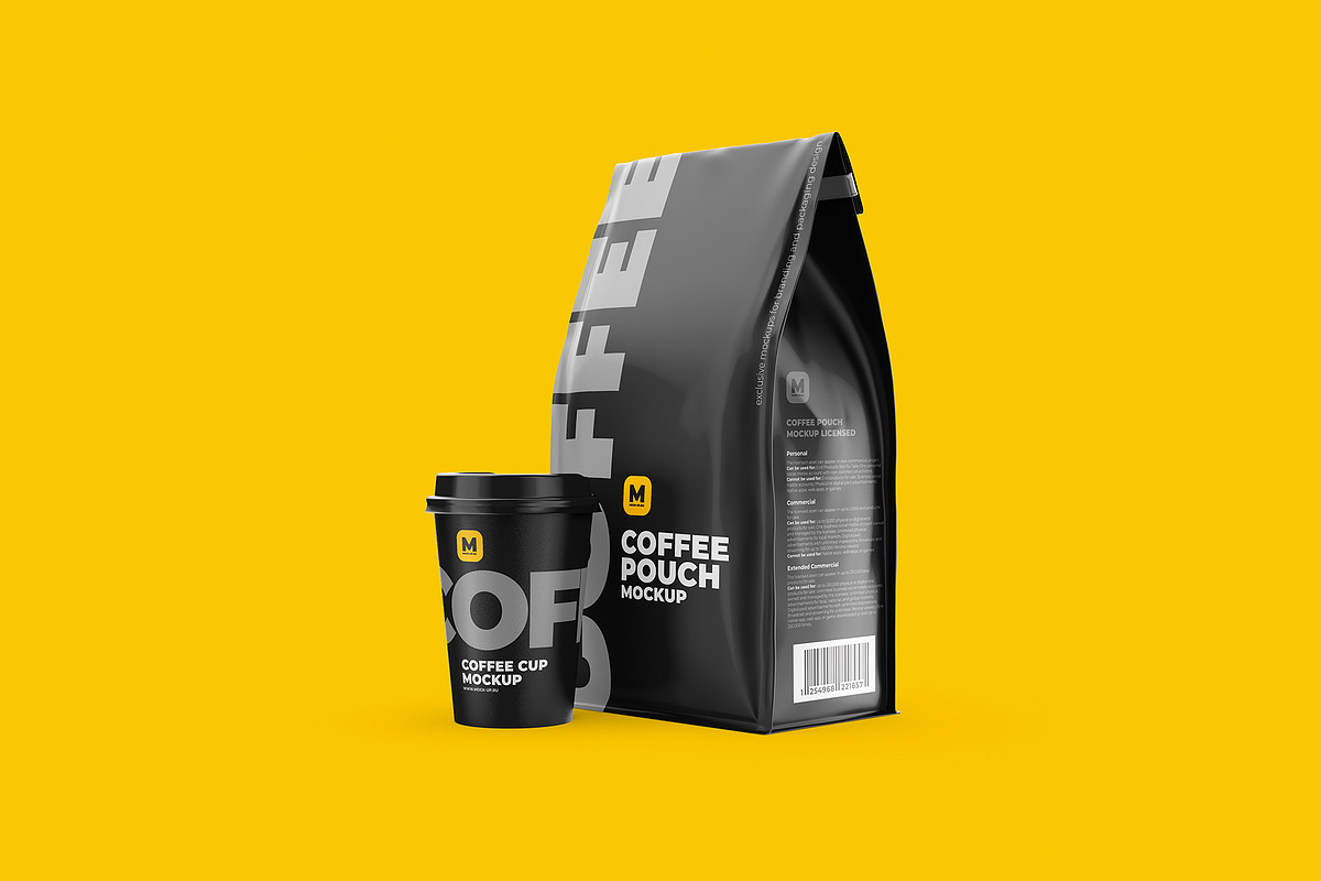 Coffee Pouch Mockup with cup, a Cups & Container Mockup by easymock (Photo 6 of 9)