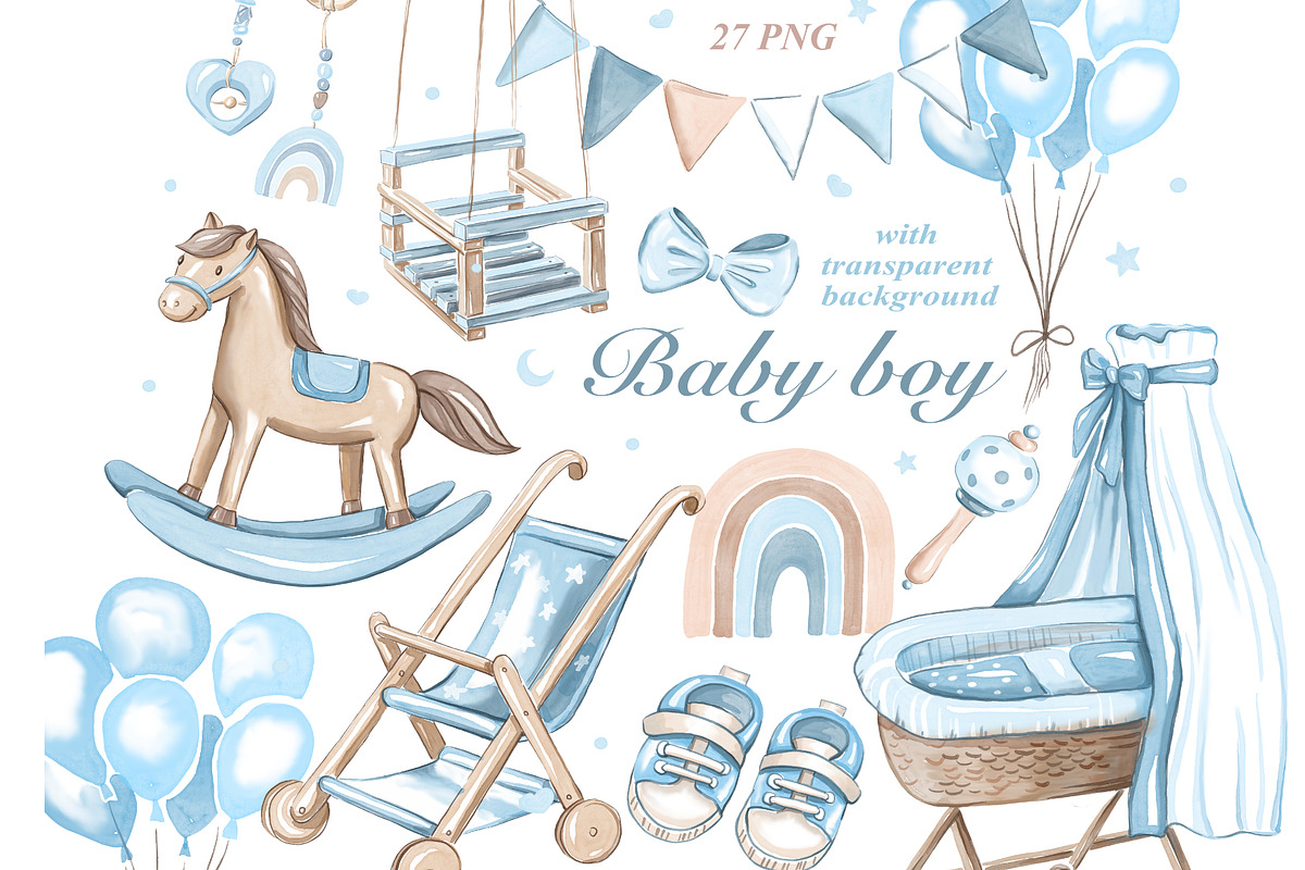 Nursery clipart, baby boy items PNG, an Object Illustration by Alena Kurian (Photo 1 of 3)