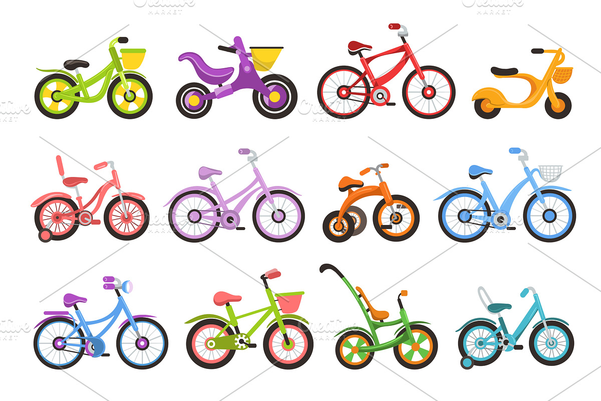Cartoon kids bicycles. Colorful, a Transportation Illustration by Vectorbuum