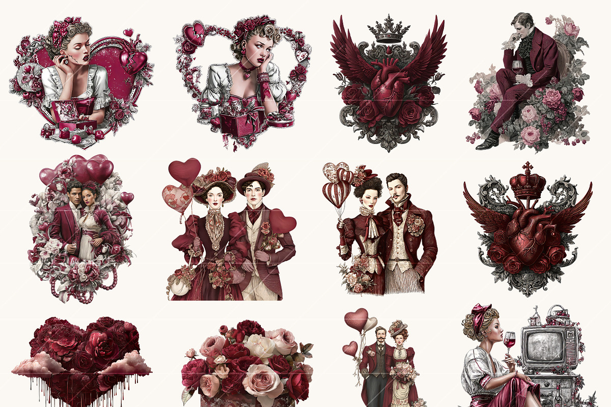 Vintage Red Valentine Clipart, a Seasonal Illustration by BusyDaydesign (Photo 2 of 9)