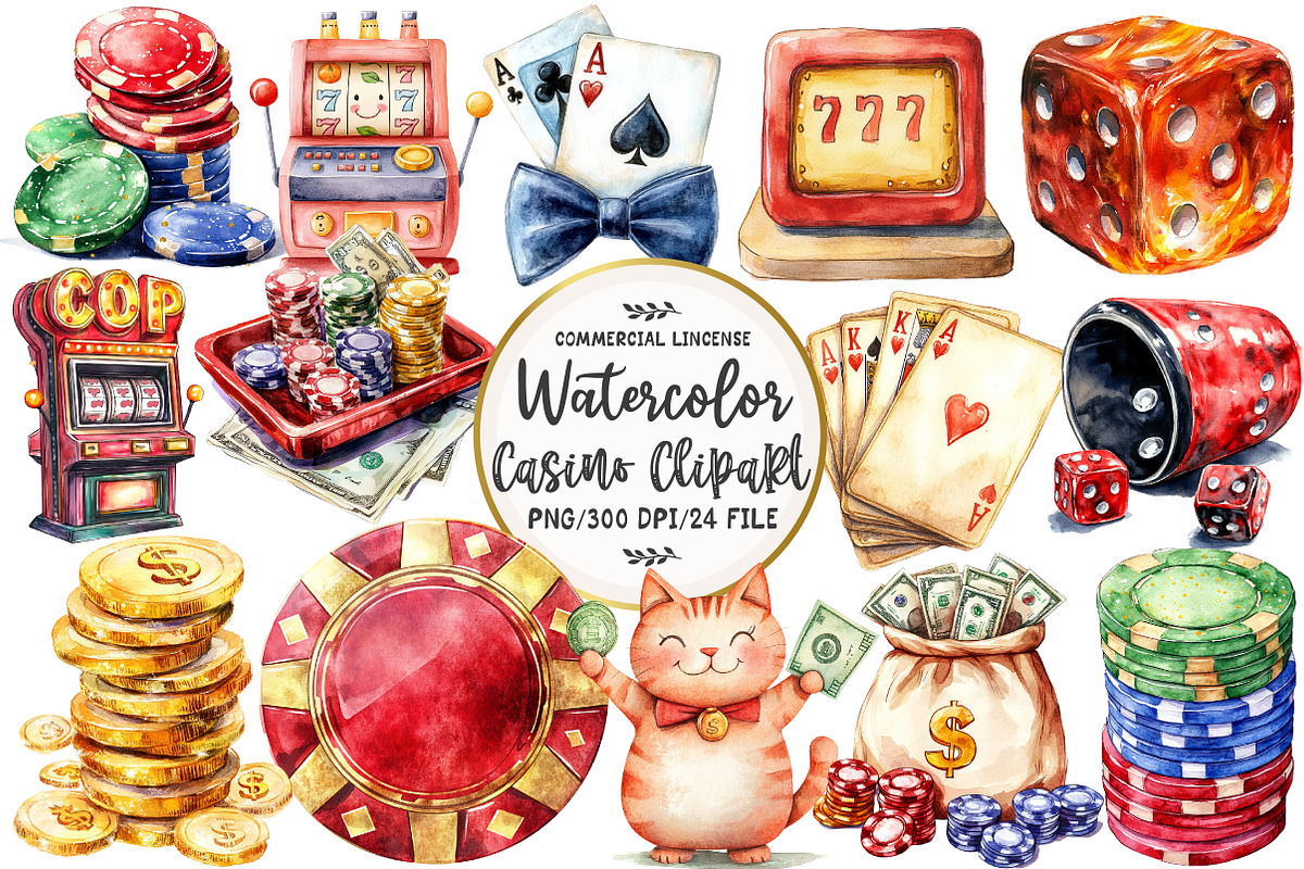 Casino Watercolor Cliparts, an Illustration by OK Design (Photo 1 of 5)