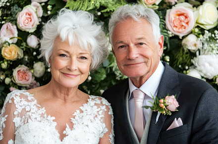 Joyful senior couple embracing on their wedding day, radiating love and happine, a Person Photo by Mashimara