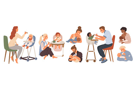 Dads and moms feed babies. Little, a Person Illustration by Vectorbuum