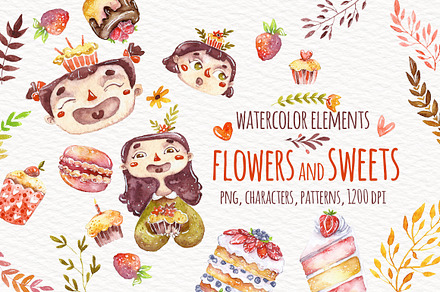 Watercolor sweets and flowers