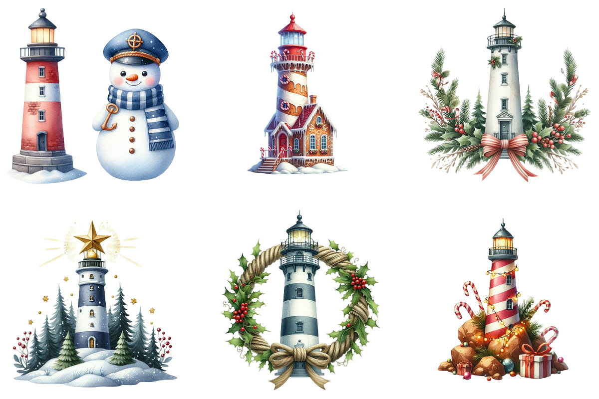 Christmas Lighthouse Clipart, an Illustration by DreamArtGraphic (Photo 3 of 6)