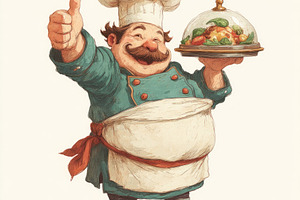 Cartoon chef giving thumbs up while holding a glass cloche with, a Person Photo by José Manuel Gelpi