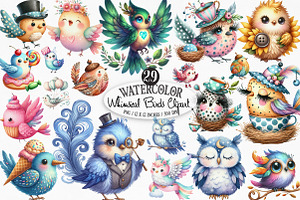 Watercolor Whimsical Birds Clipart, an Illustration by Designking