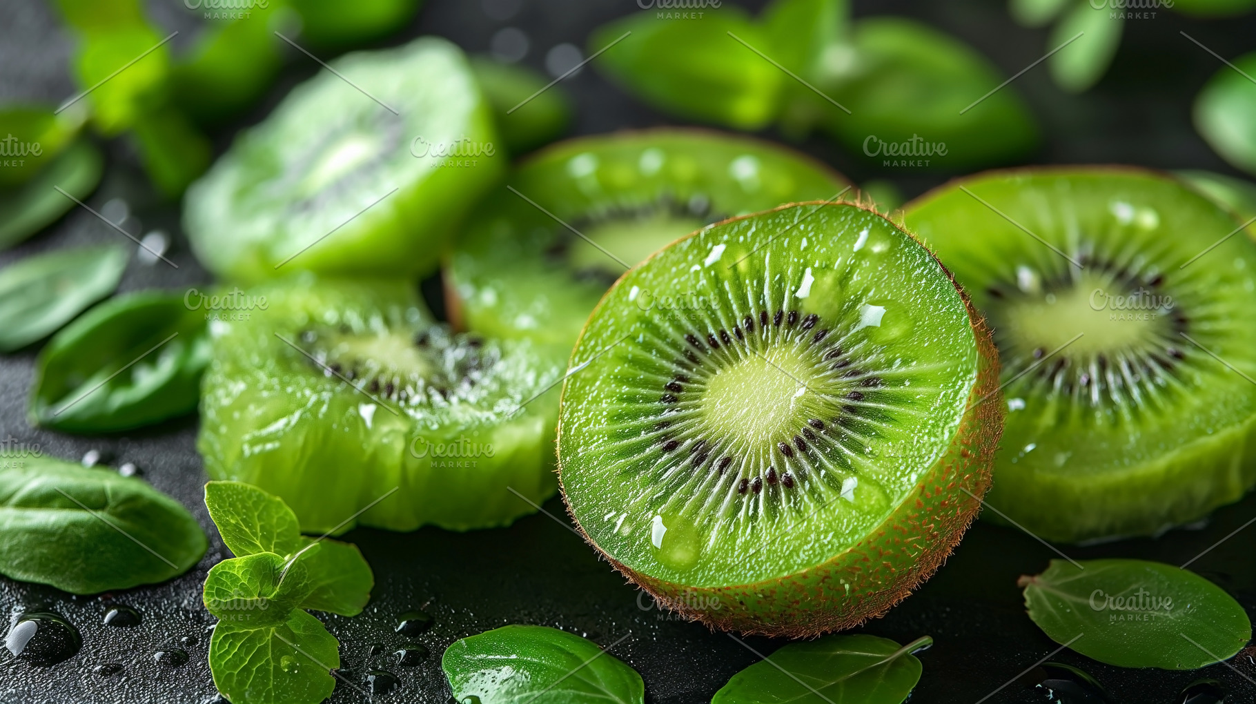 Fresh, vibrant green kiwi slices surrounded by fragrant basil le, a Food & Drink Photo by ImageMir