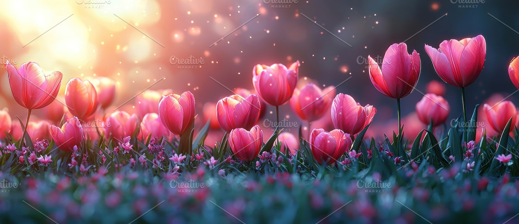 Pink tulips blooming in a dreamy spring meadow at sunset with gl, a Nature Photo by José Manuel Gelpi