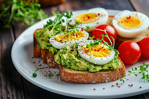 Delicious toast bread with avocado, boiled egg, tomatoes and microgreen, a Food & Drink Photo by AlyaAnd