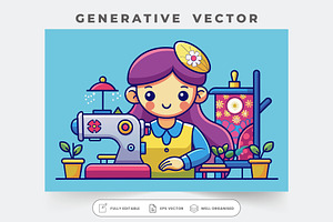 A cartoon character happily hand sew, a Graphic by Iftikhar Alam