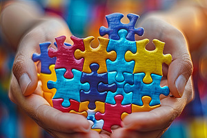 Close up of human hands holding colorful puzzle pieces. World Au, a Health & Medical Photo by AS photostudio