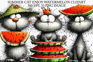 Summer Cat Enjoy Watermelon Clipart, a Seasonal Illustration by Canvas Craft