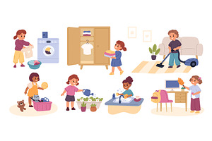 Cute children cleaning home. Funny, a Person Illustration by YummyBuum
