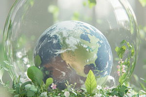 Earth in glass dome surrounded by greenery, symbolizes environme, a Photo by Dvoevnore photos