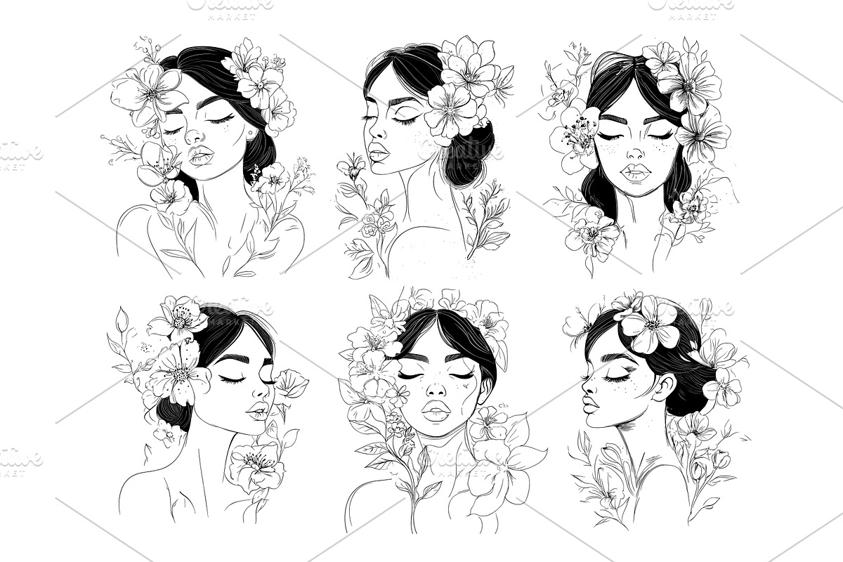Woman black outline sketch flowers, an Object Illustration by Onyx