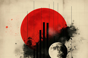 A striking abstract composition featuring a large red sun and a, a Decorative Illustration by ImageMir