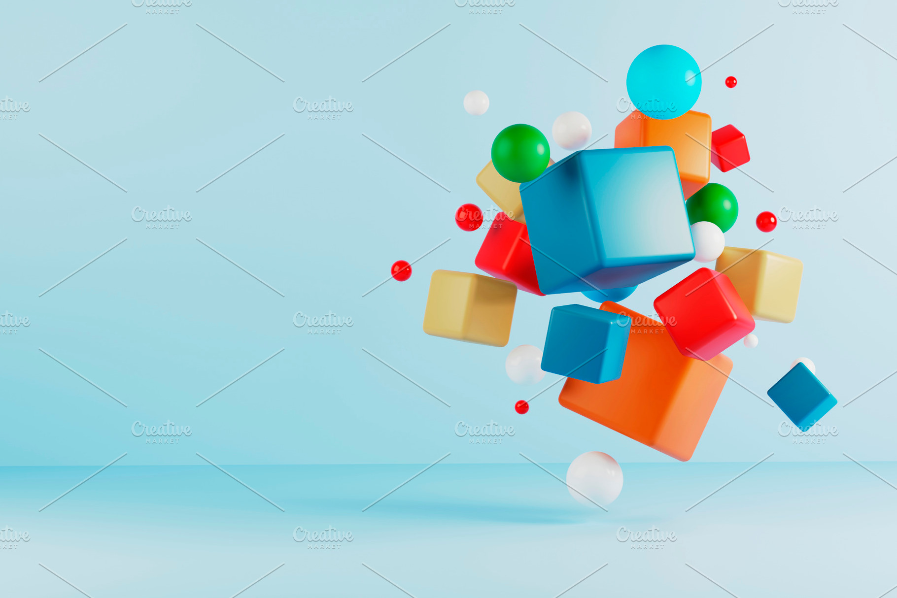 Vibrant 3D cubes and spheres floating on pale blue, a Background Photo by RF Images