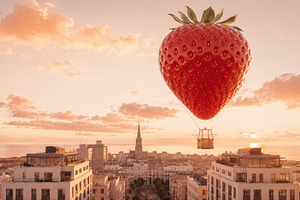 Strawberry balloon flies city, a Photo by Beautiful things