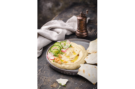 Hummus from chickpeas and pita bread, a Food & Drink Photo by Yulia Furman