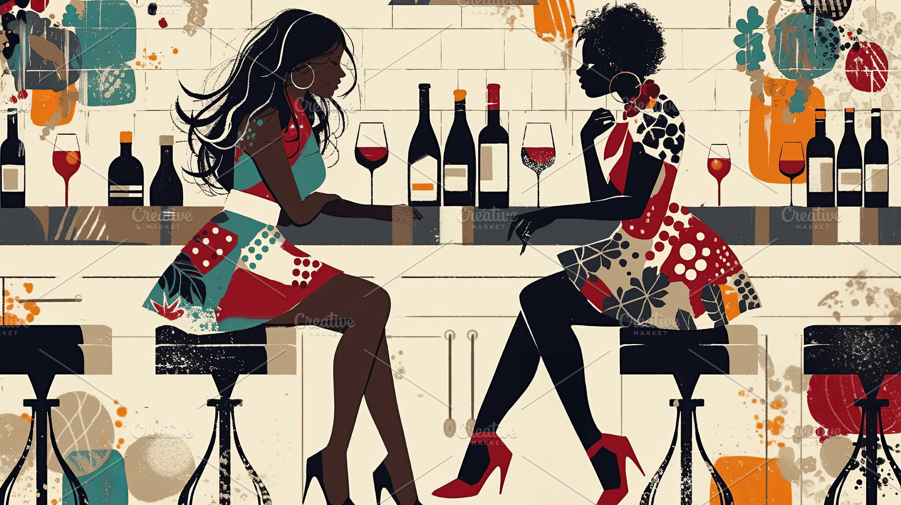 Stylized illustration of two friends enjoying wine at a vibrant bar, a Photo by AS photostudio